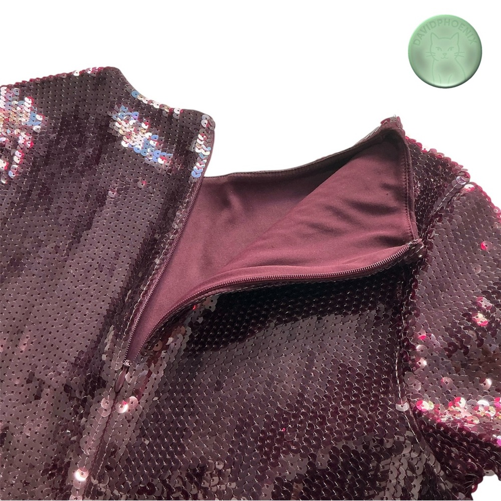 Express Burgundy Sequin Feather Hem Mini Dress – Size Medium New Without Tags - Picture 14 of 14